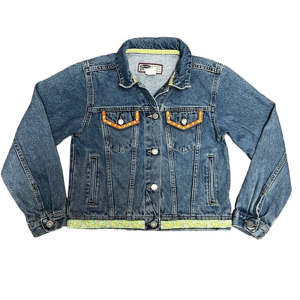 Old Navy Y2K Denim Jean Jacket Girls Size 12 Medium Embroidery Flowers 2000 Vtg